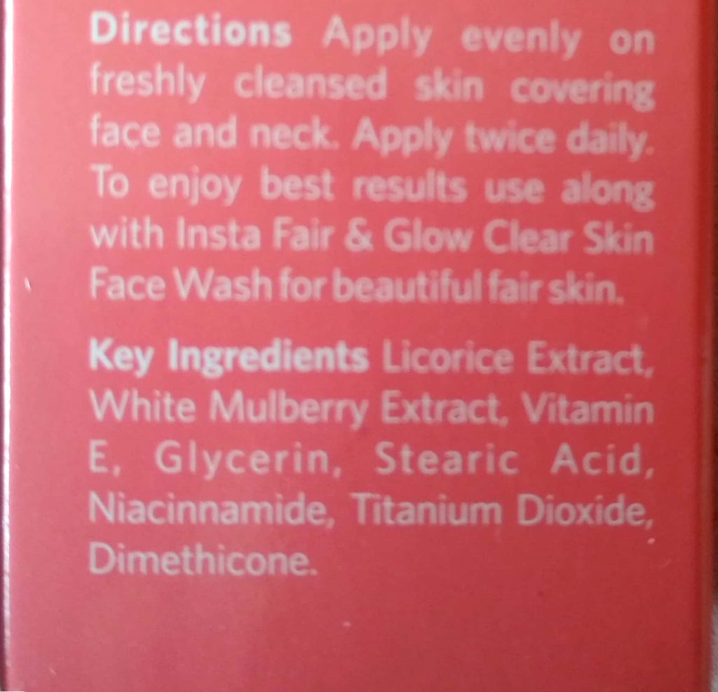 Ingredients And Usage Directions Of VLCC Insta Fair And Glow Fairness Cream