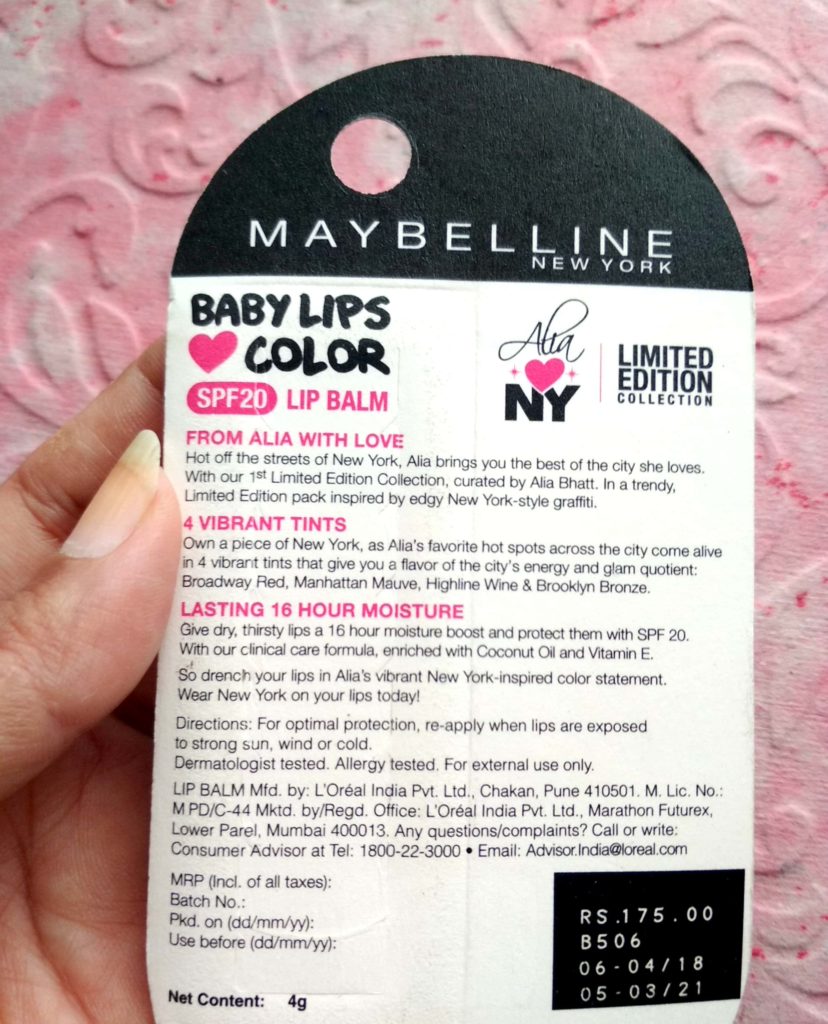 Details Of Maybelline Alia Loves New York Baby Lips Lip Balm - Manhattan Mauve